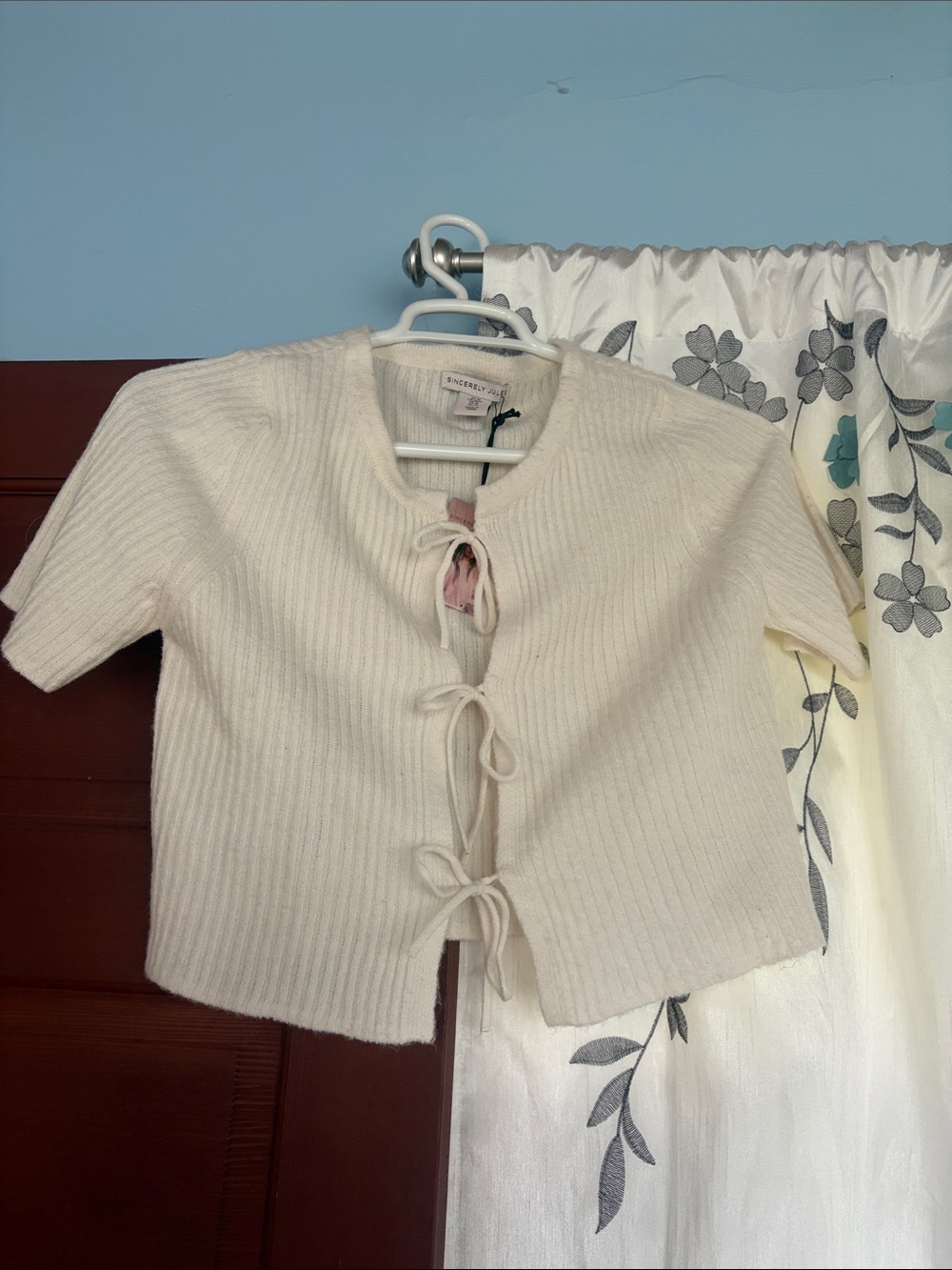 Sincerely Jules Cream Ribbed Tie-Front Short Sleeve Sweater